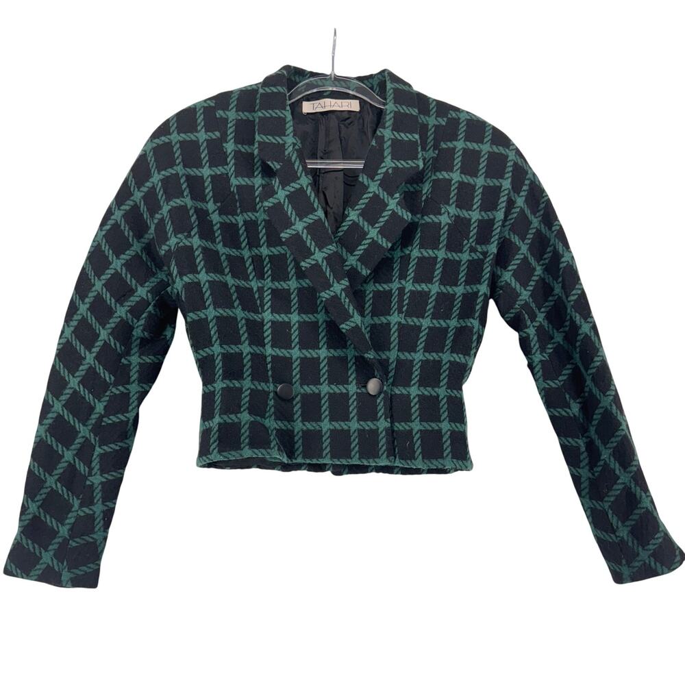 Tahari Cropped Plaid Blazer Green Black Wool 90s Double Breasted Made in USA 8